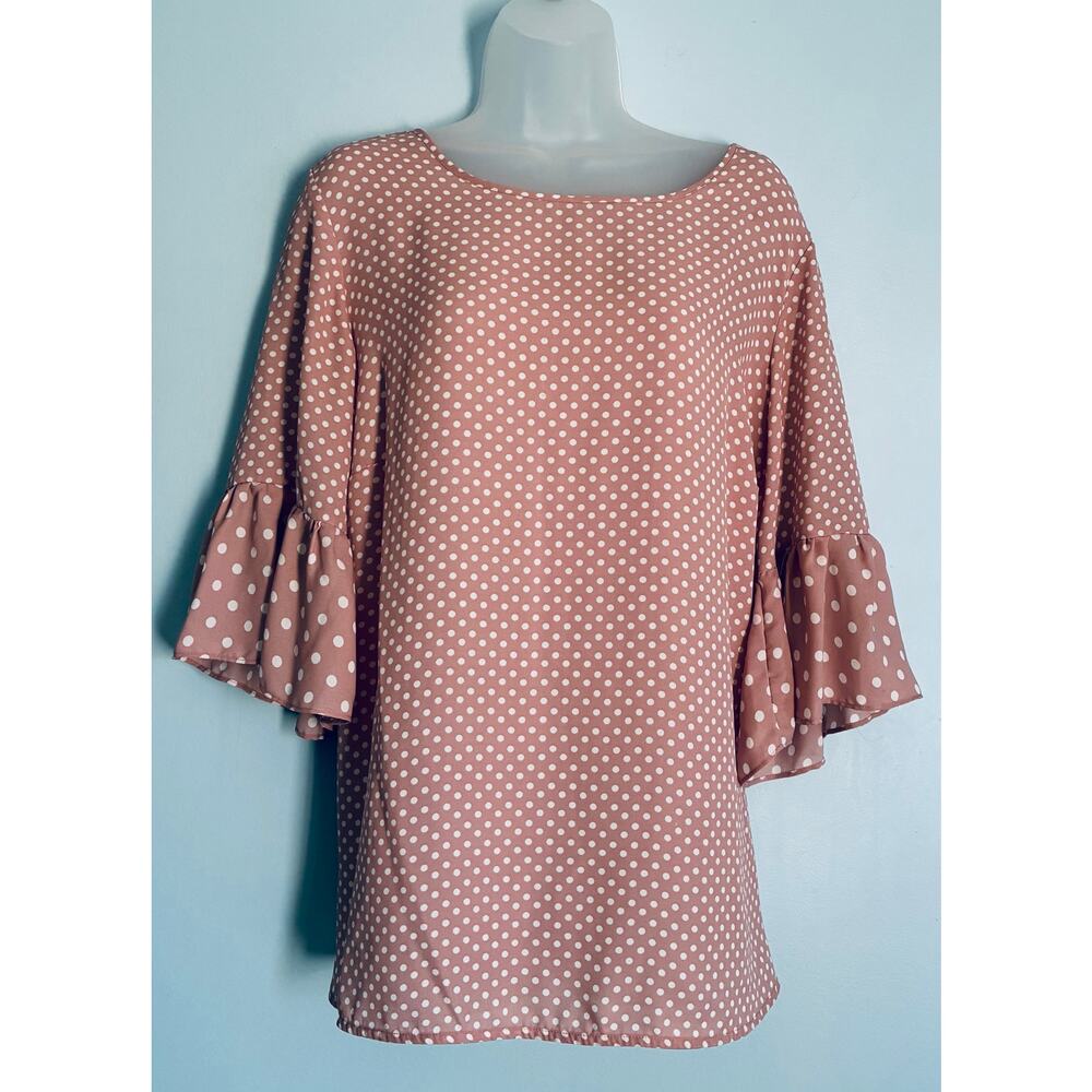 Violet + Claire Polka Dot Blouse Bell Sleeve Tan and White 1X Anthropologie